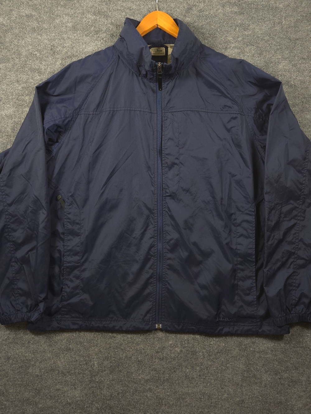 LL Bean Mens XL Blue Ripstop Nylon Windbreaker Rain Jacket Stowaway Hoodie